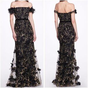 NEW Marchesa Notte Black Off-The-Shoulder Embroidered Gown $995